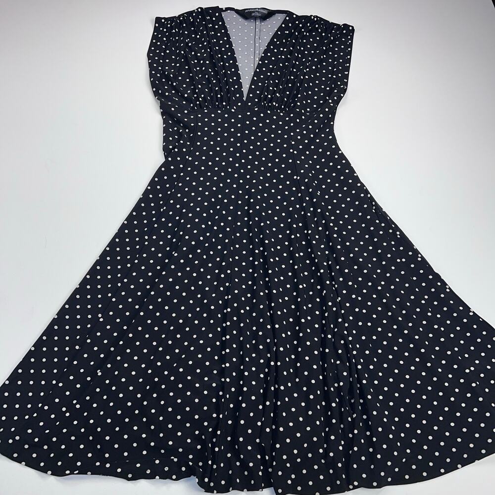 Norma Kamali Polka Dot Swing Dress Black White V-Neck Midi Flared A-Line Size L - Picture 12 of 12
